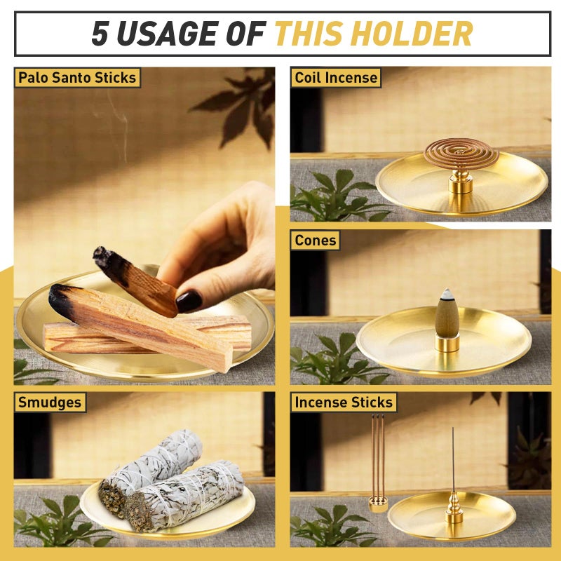 Iffitya Incense Holder 5.5 inches, 5 in 1 Incense Burner, Palo Santo Holder, Sage Holder, Incense Holder for Sticks/Coil Incense/Incense Cones, Brass Insence Sticks Holder Meditation Accessories for Yoga Room - Image 3