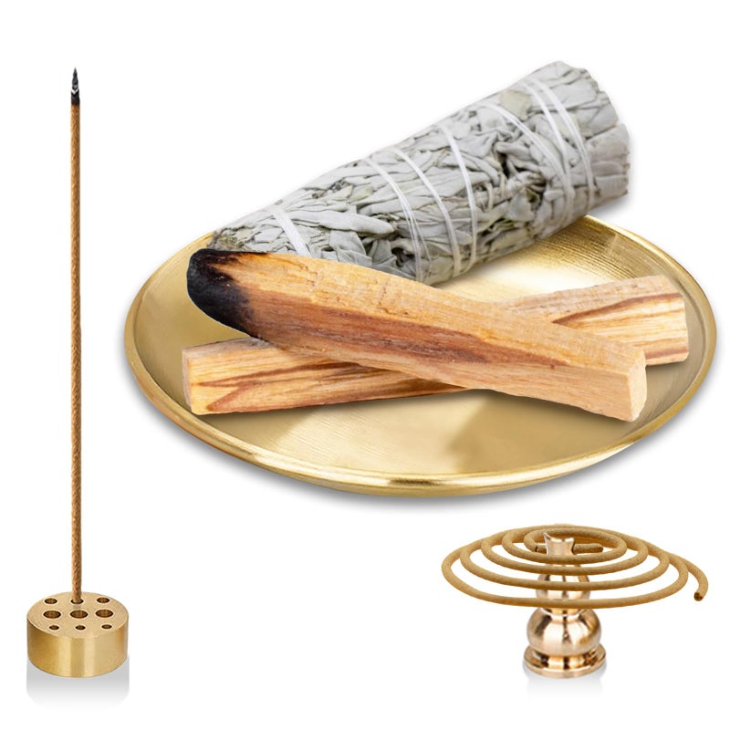 Iffitya Incense Holder 5.5 inches, 5 in 1 Incense Burner, Palo Santo Holder, Sage Holder, Incense Holder for Sticks/Coil Incense/Incense Cones, Brass Insence Sticks Holder Meditation Accessories for Yoga Room - Image 1