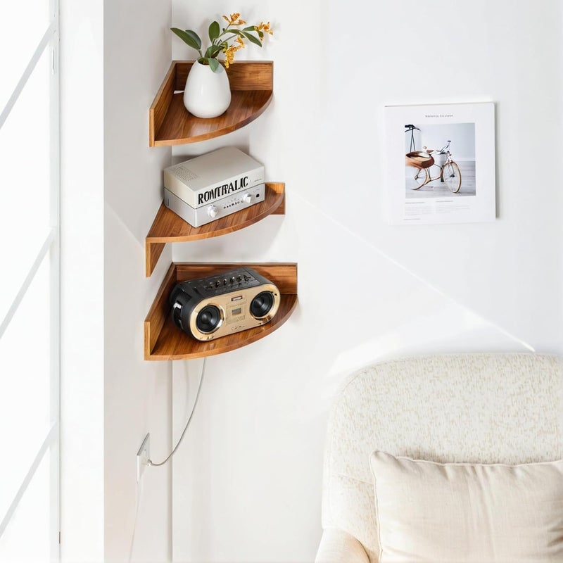 Craftsline Corner Shelf Wall Mount Set of 3 Solid Sheesham Wood Floating Corner Shelves for Storage and Display Hanging Wood Shelves for Bedroom Kitchen Living Room Bathroom Light Brown