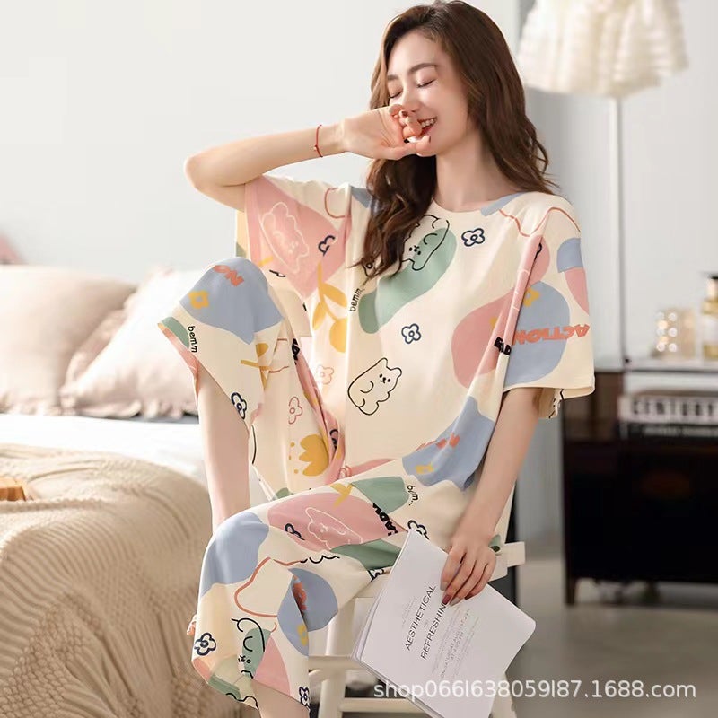 Summer Womens Pajama Set Sweet Loose Short 7 Flower Bear 