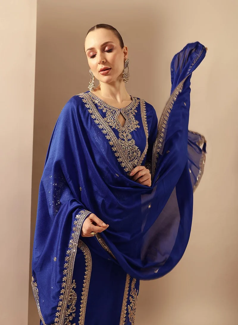 آي شين Royal Blue Poly Embroidered Straight Fit A-Line Tunic & Full Length Palazzo Kurta Set For Women