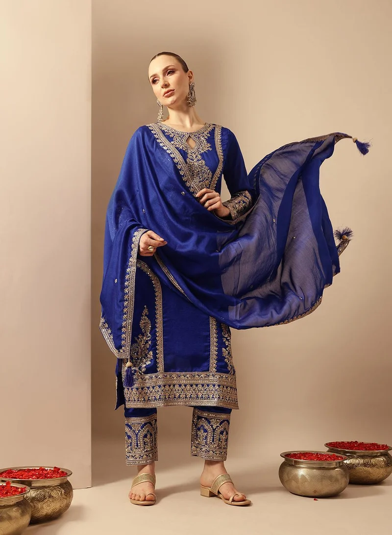 آي شين Royal Blue Poly Embroidered Straight Fit A-Line Tunic & Full Length Palazzo Kurta Set For Women