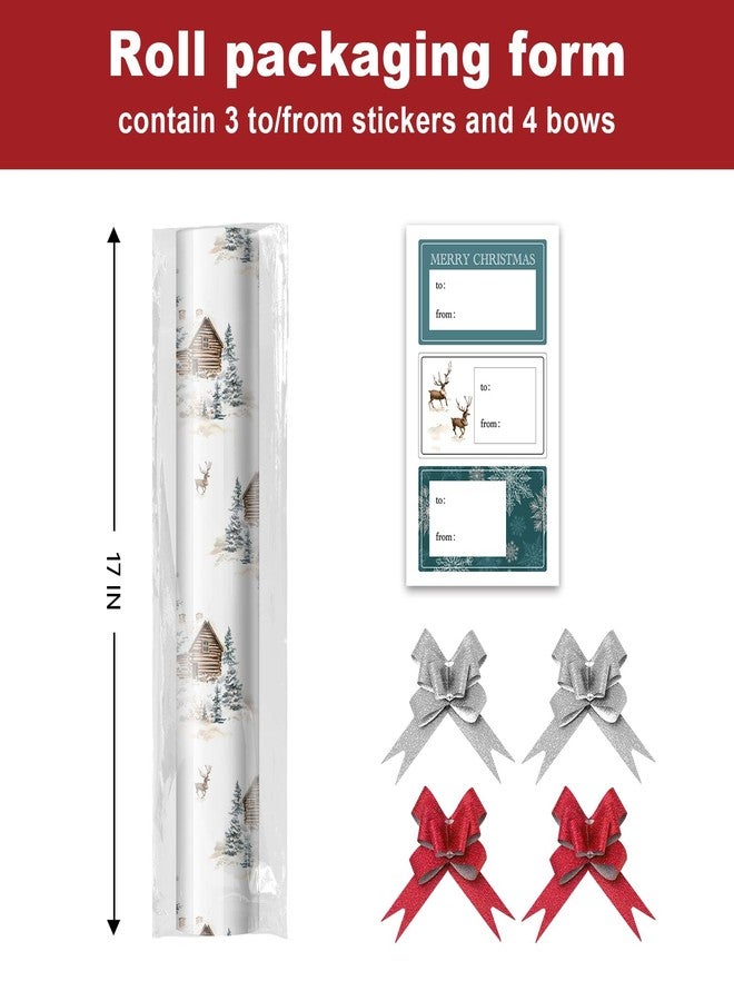 EWES White Christmas Wrapping Paper Rolls Set, Vintage Aesthetic Western Heavy Duty Premium Traditional Gift Wrap, Pattern with Wooden house, Reindeer, Snowflake, Reversible, Total 28.5sq.ft - Image 2