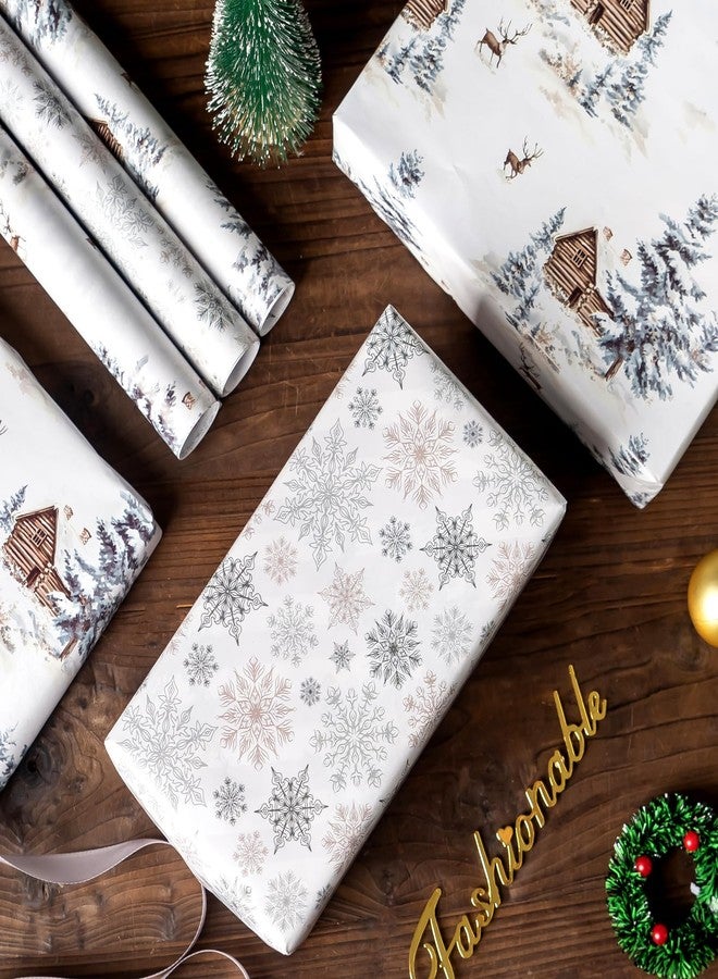 EWES White Christmas Wrapping Paper Rolls Set, Vintage Aesthetic Western Heavy Duty Premium Traditional Gift Wrap, Pattern with Wooden house, Reindeer, Snowflake, Reversible, Total 28.5sq.ft - Image 5