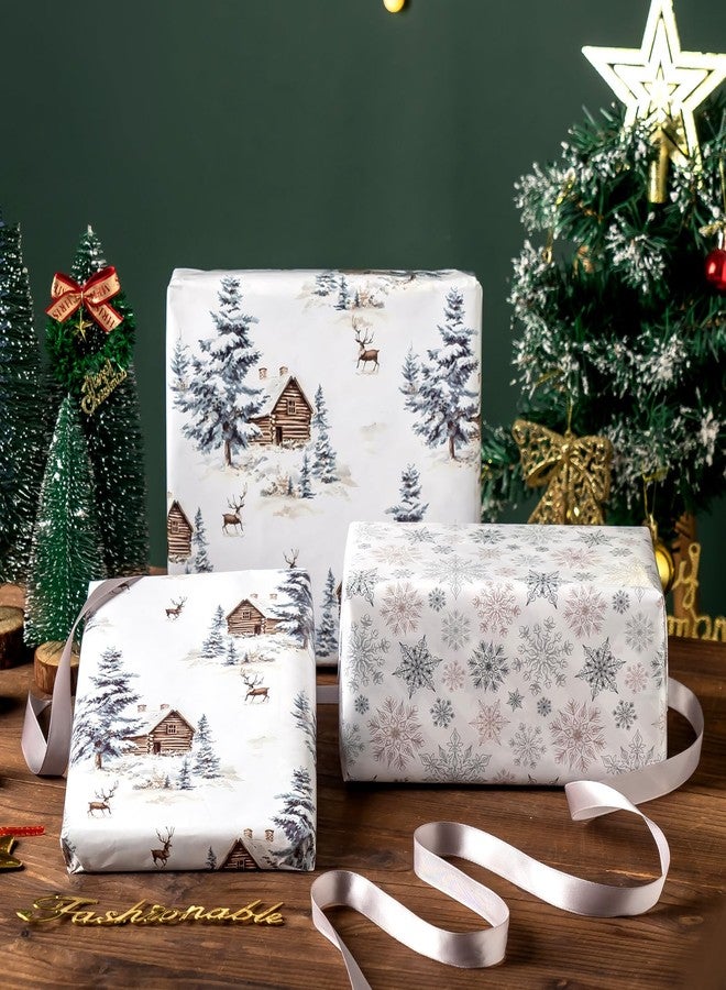 EWES White Christmas Wrapping Paper Rolls Set, Vintage Aesthetic Western Heavy Duty Premium Traditional Gift Wrap, Pattern with Wooden house, Reindeer, Snowflake, Reversible, Total 28.5sq.ft - Image 4