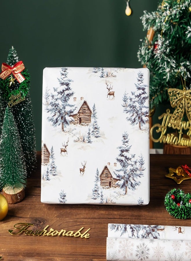 EWES White Christmas Wrapping Paper Rolls Set, Vintage Aesthetic Western Heavy Duty Premium Traditional Gift Wrap, Pattern with Wooden house, Reindeer, Snowflake, Reversible, Total 28.5sq.ft - Image 3