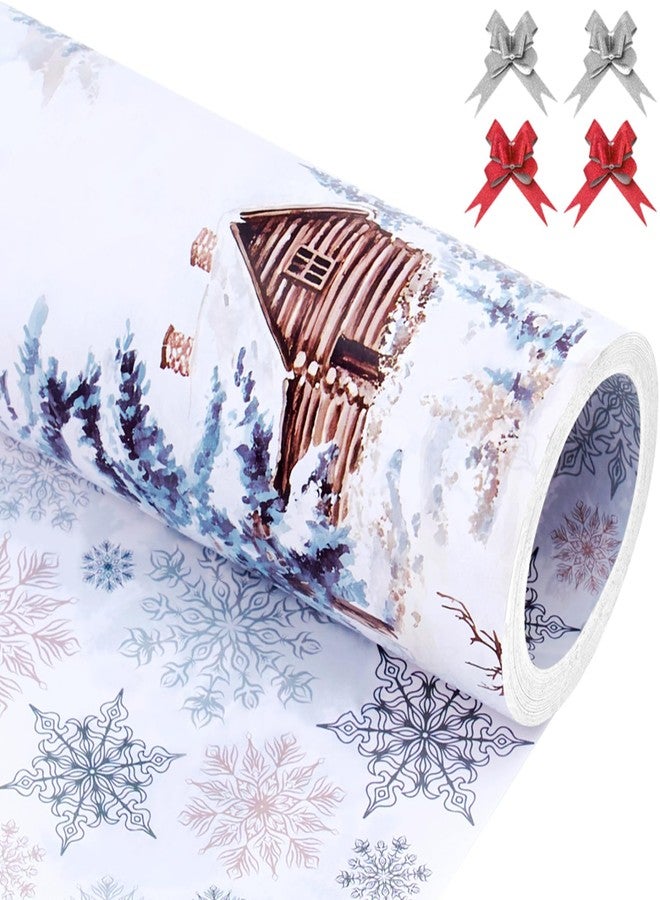 EWES White Christmas Wrapping Paper Rolls Set, Vintage Aesthetic Western Heavy Duty Premium Traditional Gift Wrap, Pattern with Wooden house, Reindeer, Snowflake, Reversible, Total 28.5sq.ft - Image 1