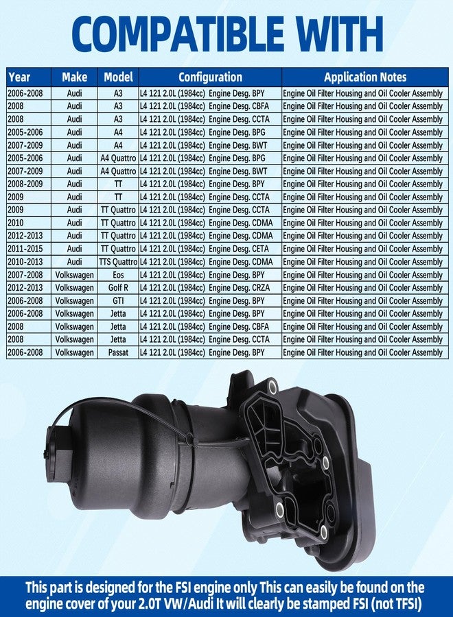 MITZONE Engine Oil Cooler Filter Housing Assembly Compatible with 2006-2015 VW Jetta GTI Golf R Passat Audi A4 A3 TT TTS 2.0L Replace 06F115397K 06F115397J 06F115397H - Image 2