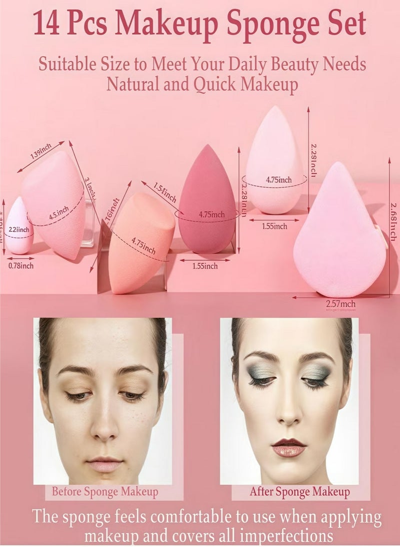 14-Piece Makeup Sponge Set- Multi soft color Mini Makeup Sponge, Powder Puff Long Lasting Beauty Sponge Wet & Dry Use for Women Pink - Image 2