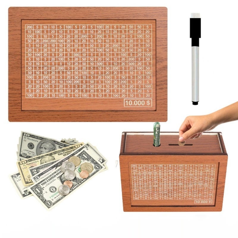 Wooden Piggy Bank Money Box with Counter Home Vintage Counting Piggy Bank $10,000/Large Light Brown/Free Erasable Pen - Image 1