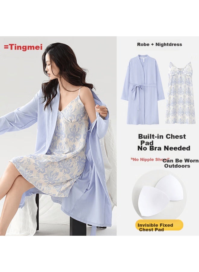 Gracewell Two-piece Camisole Nightdress With Padded Bra Homewear Loungewear Robe Spring Autumn Casual Pajama Set M