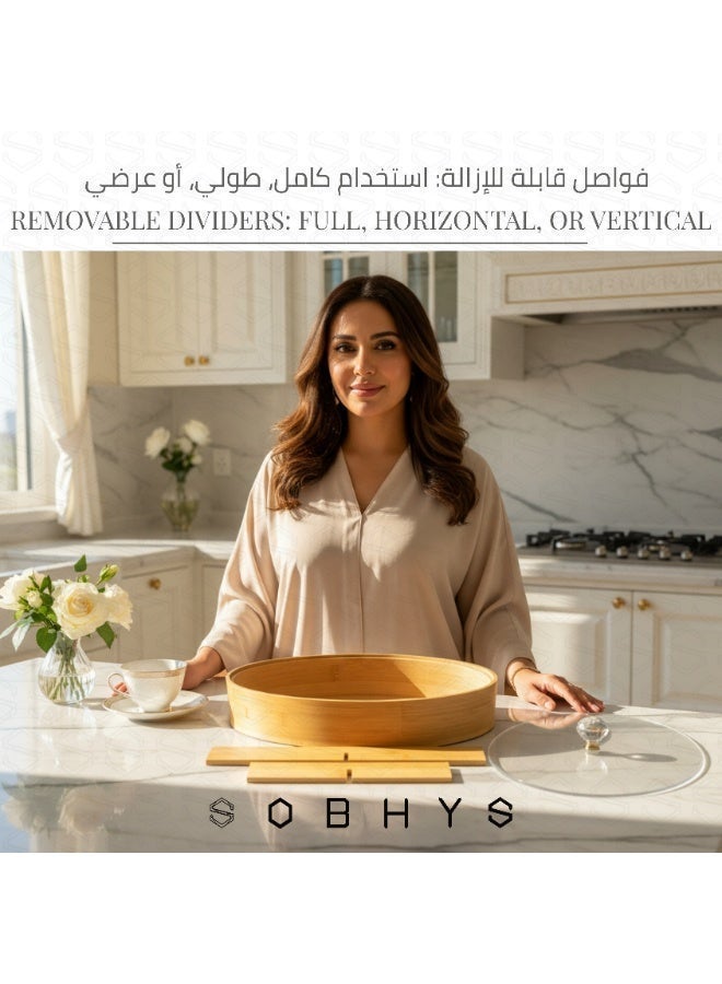 SOBHYS Oval Serving Tray with Crystal-Clear acrylic Lid & Removable Dividers, Bamboo, 29cm, for Dates, Sweets & Nuts, Elegant Modern Luxury - Image 4