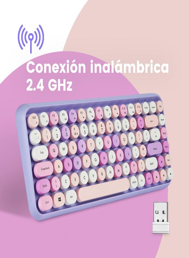 Perixx PERIDUO-713PP ES Set de ratón y Mini teclado inalámbrico 2.4 GHz, Teclas redondas Estilo Retro, para PC y Tablet, Morado Pastel, Español QWERTY - Image 2