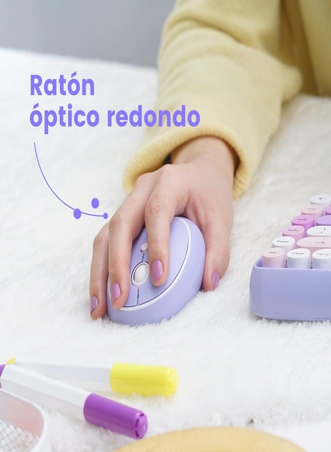 Perixx PERIDUO-713PP ES Set de ratón y Mini teclado inalámbrico 2.4 GHz, Teclas redondas Estilo Retro, para PC y Tablet, Morado Pastel, Español QWERTY - Image 4