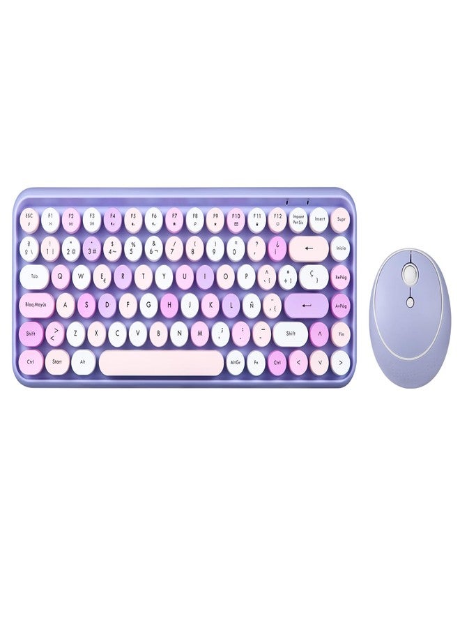Perixx PERIDUO-713PP ES Set de ratón y Mini teclado inalámbrico 2.4 GHz, Teclas redondas Estilo Retro, para PC y Tablet, Morado Pastel, Español QWERTY - Image 1