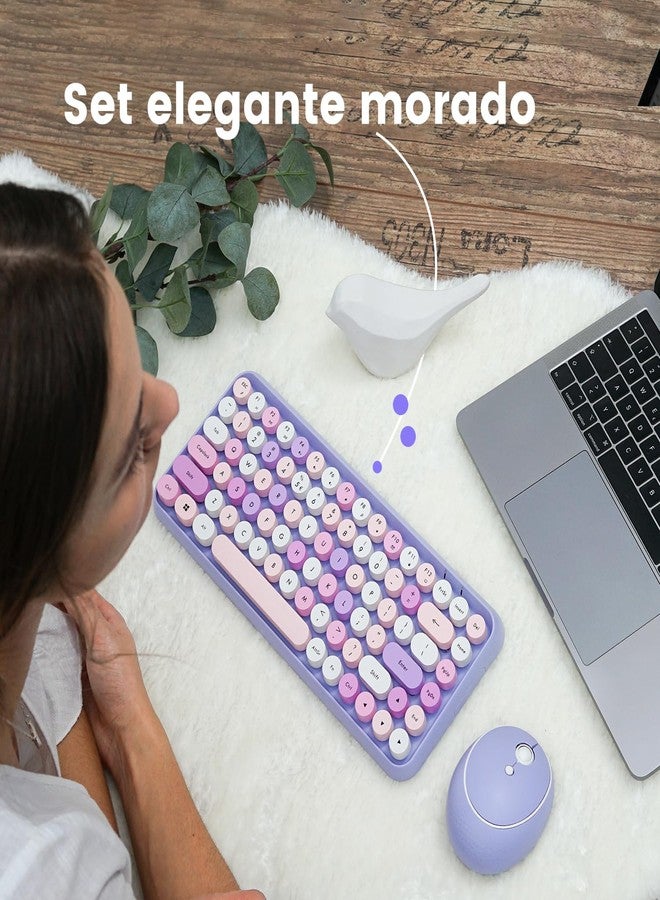 Perixx PERIDUO-713PP ES Set de ratón y Mini teclado inalámbrico 2.4 GHz, Teclas redondas Estilo Retro, para PC y Tablet, Morado Pastel, Español QWERTY - Image 3