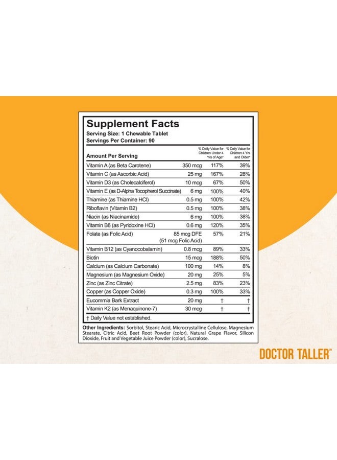 نوبست دكتور تالر كيدز - فيتامينات متعددة للأطفال، فيتامينات للأطفال الصغار - تدعم قوة العظام، وتعزز المناعة بالكالسيوم، فيتامينات متعددة للأعمار من 2 إلى 9 سنوات - بنكهة العنب - 90 قرصًا نباتيًا قابلًا للمضغ | عبوة واحدة - Image 2