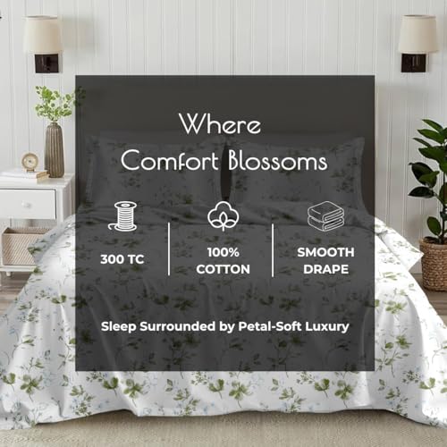 Plumora Cotton King Size Bedsheet 108x108 Super King, 100% Pure Cotton Bed Sheet with 2 Pillow Covers, 300 TC Soft Breathable Floral Design Bedding - (Green Spring) - Image 5