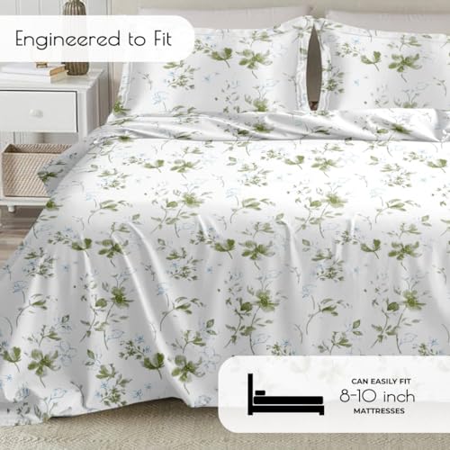 Plumora Cotton King Size Bedsheet 108x108 Super King, 100% Pure Cotton Bed Sheet with 2 Pillow Covers, 300 TC Soft Breathable Floral Design Bedding - (Green Spring) - Image 3