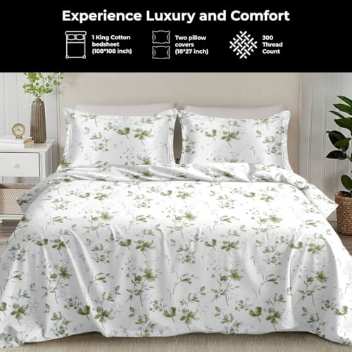 Plumora Cotton King Size Bedsheet 108x108 Super King, 100% Pure Cotton Bed Sheet with 2 Pillow Covers, 300 TC Soft Breathable Floral Design Bedding - (Green Spring) - Image 2