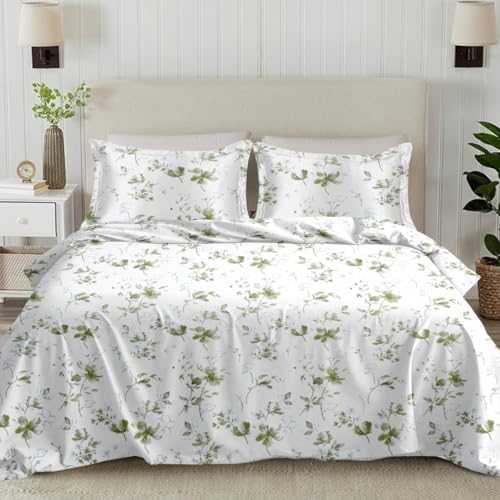 Plumora Cotton King Size Bedsheet 108x108 Super King, 100% Pure Cotton Bed Sheet with 2 Pillow Covers, 300 TC Soft Breathable Floral Design Bedding - (Green Spring) - Image 1
