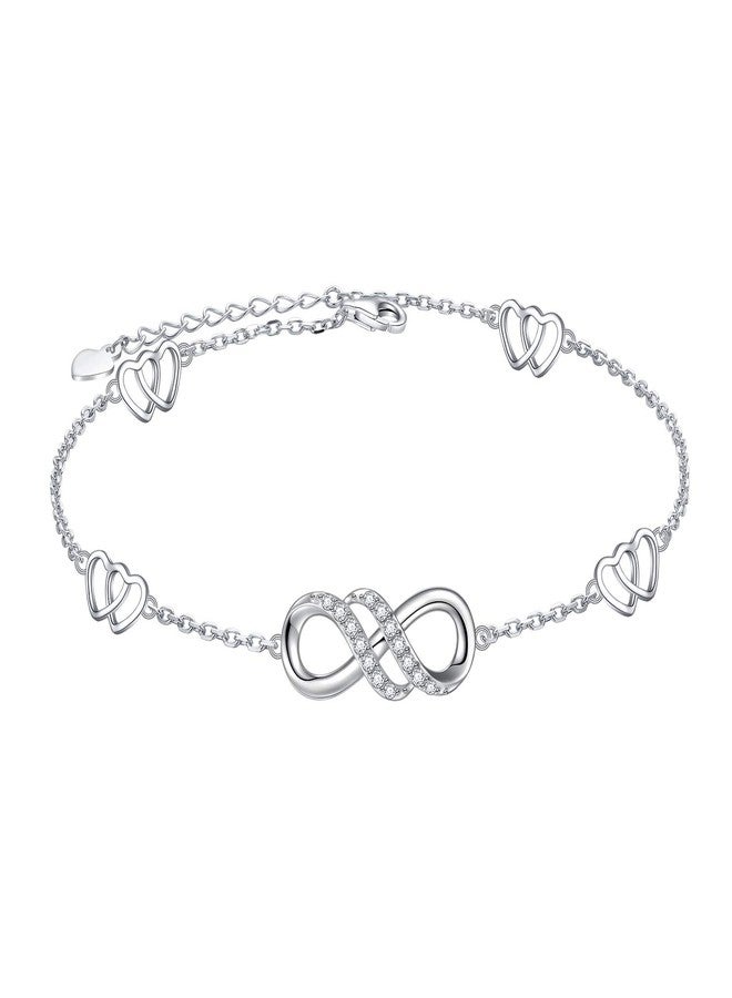 FLYOW Double Infinity Anklet 925 Sterling Silver for Women Adjustable Heart Ankle Bracelet Boho Beach Foot Chain 9+1 Inch Charm Jewelry Best Birthday Gifts - Image 1