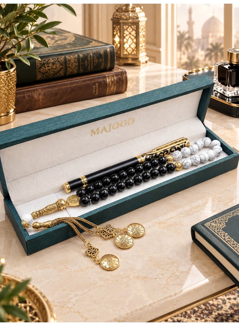 MAJOOD Premium Gift Set: 33 Beads Natural Turquoise and Synthetic Agate Prayer Beads And a Replaceable Ink cartridge Black and Golden pen (Two-Piece Set) – Includes a Beautiful Gift Box, Ideal for Ramadan, Eid al-Fitr, and Daily Prayers. - Image 2