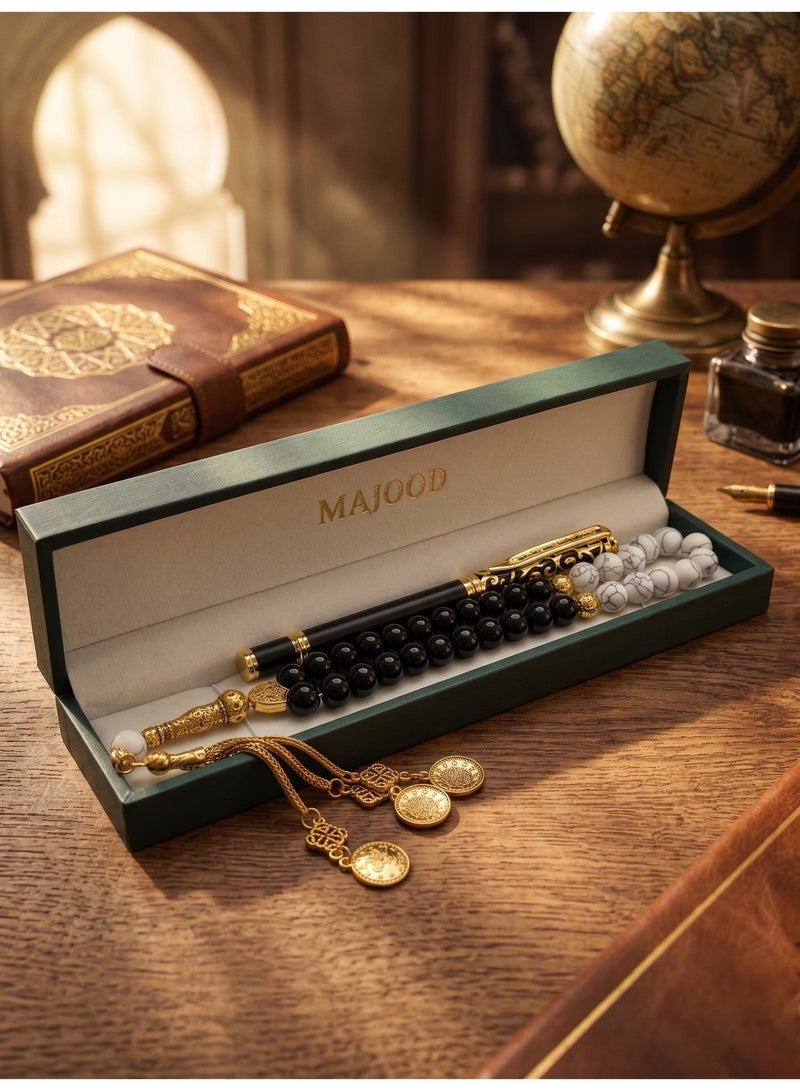 MAJOOD Premium Gift Set: 33 Beads Natural Turquoise and Synthetic Agate Prayer Beads And a Replaceable Ink cartridge Black and Golden pen (Two-Piece Set) – Includes a Beautiful Gift Box, Ideal for Ramadan, Eid al-Fitr, and Daily Prayers. - Image 5