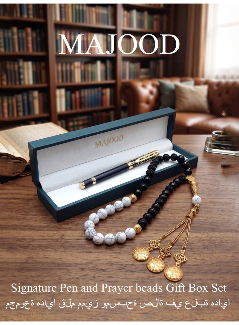 MAJOOD Premium Gift Set: 33 Beads Natural Turquoise and Synthetic Agate Prayer Beads And a Replaceable Ink cartridge Black and Golden pen (Two-Piece Set) – Includes a Beautiful Gift Box, Ideal for Ramadan, Eid al-Fitr, and Daily Prayers. - Image 4