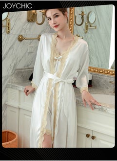 2-piece New Style Ice Silk Mid-length Nightgown for Women Spring and Summer Autumn Lace V-neck Pajamas with Breast Pads Bedroom Home Wear White