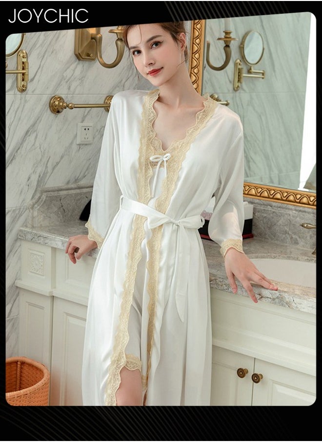 Joychic - 2-piece New Style Ice Silk Mid-length Nightgown for Women Spring and Summer Autumn Lace V-neck Pajamas with Breast Pads Bedroom Home Wear White - Image 1