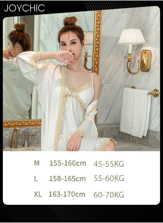 Joychic - 2-piece New Style Ice Silk Mid-length Nightgown for Women Spring and Summer Autumn Lace V-neck Pajamas with Breast Pads Bedroom Home Wear White - Image 1