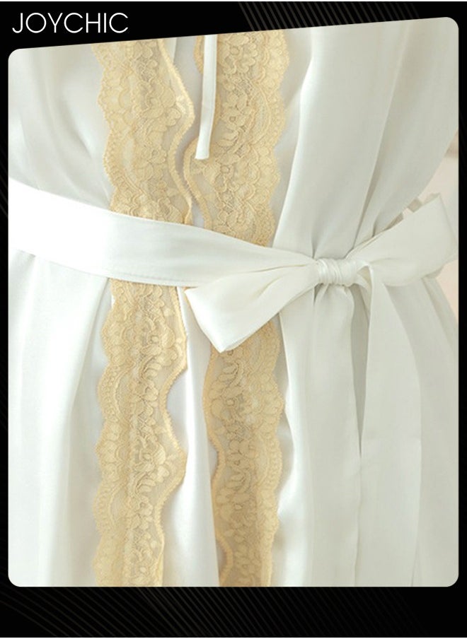 Joychic - 2-piece New Style Ice Silk Mid-length Nightgown for Women Spring and Summer Autumn Lace V-neck Pajamas with Breast Pads Bedroom Home Wear White - Image 1