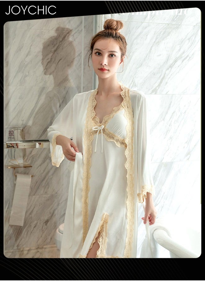 Joychic - 2-piece New Style Ice Silk Mid-length Nightgown for Women Spring and Summer Autumn Lace V-neck Pajamas with Breast Pads Bedroom Home Wear White - Image 1