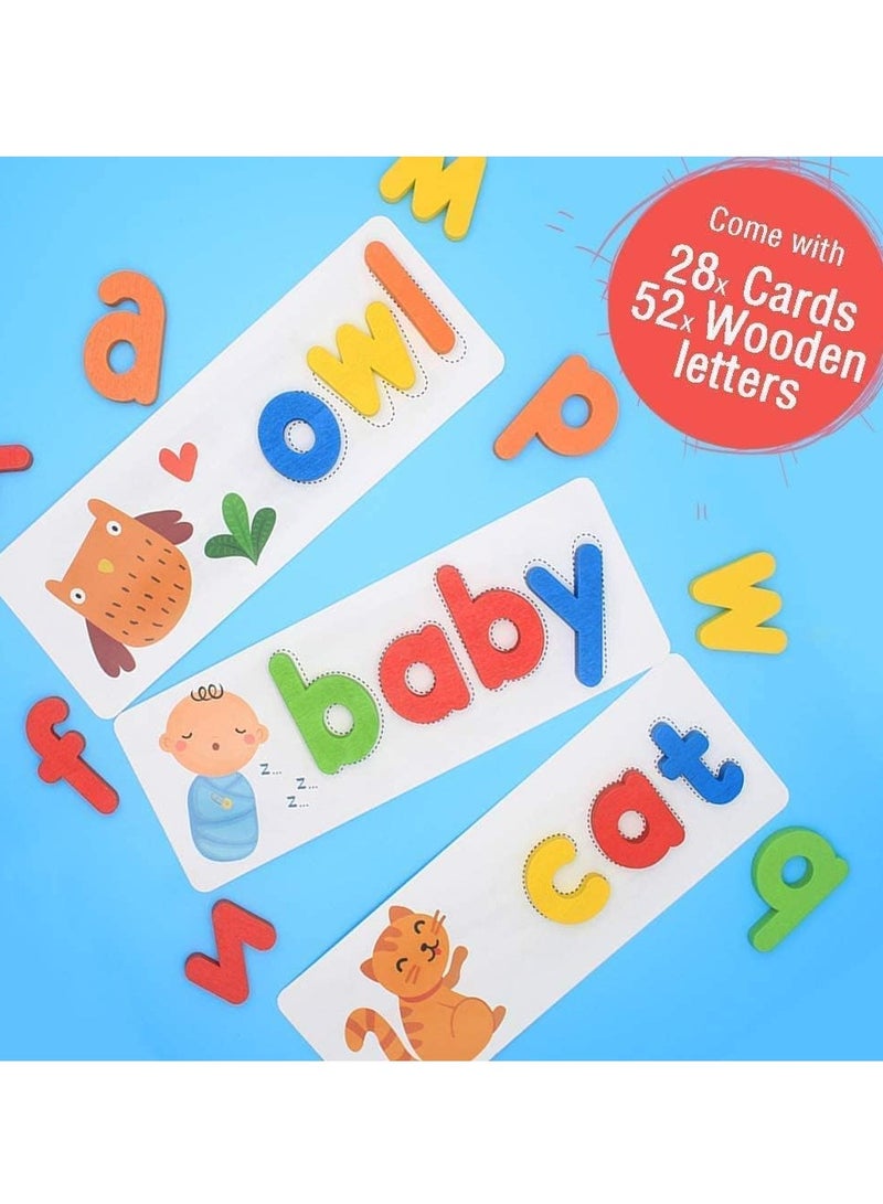 KASTWAVE Alphabets Flash Cards, Wooden See and Spell Match Letter Puzzles CVC Word Builders Word Flash Cards Color Recognition Games Montessori Preschool Educational Toys for Kids 3+ Old (28 Cards,52 Block) - Image 5