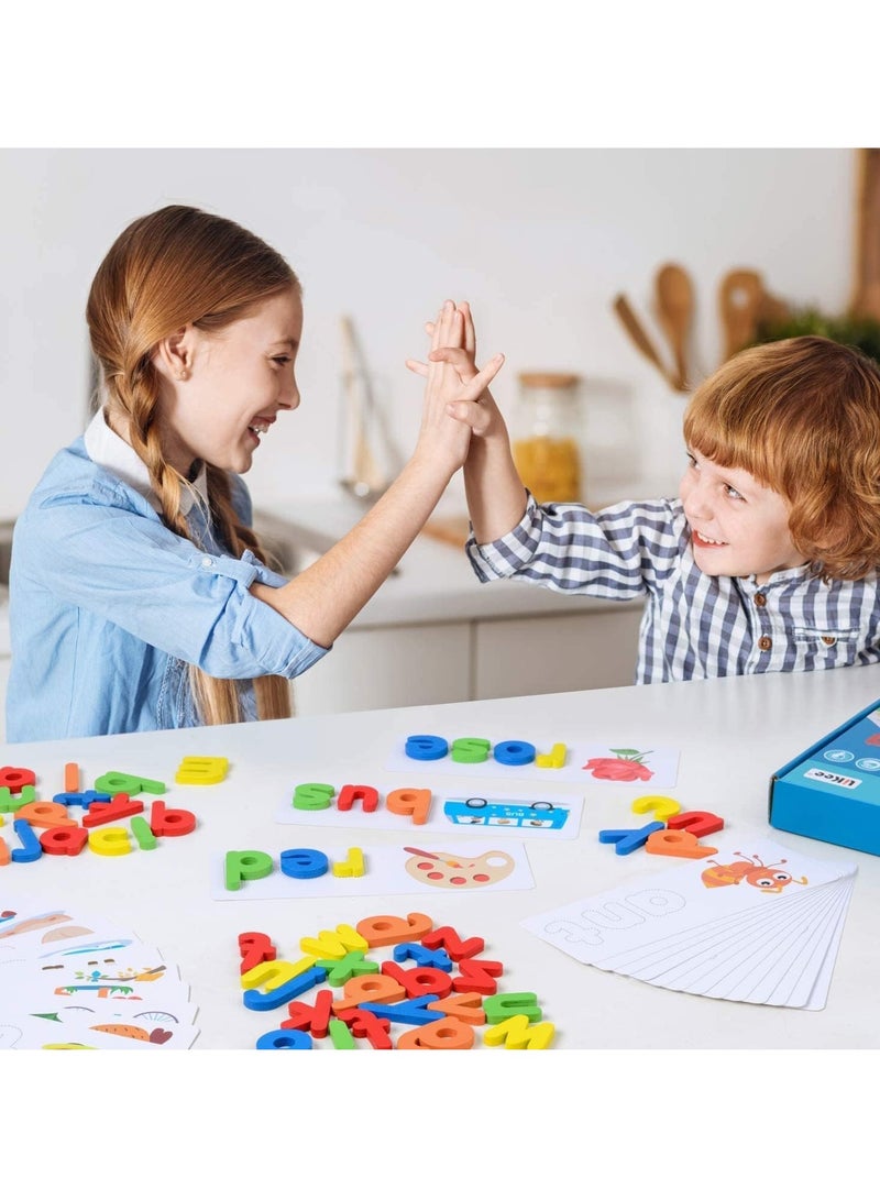 KASTWAVE Alphabets Flash Cards, Wooden See and Spell Match Letter Puzzles CVC Word Builders Word Flash Cards Color Recognition Games Montessori Preschool Educational Toys for Kids 3+ Old (28 Cards,52 Block) - Image 3