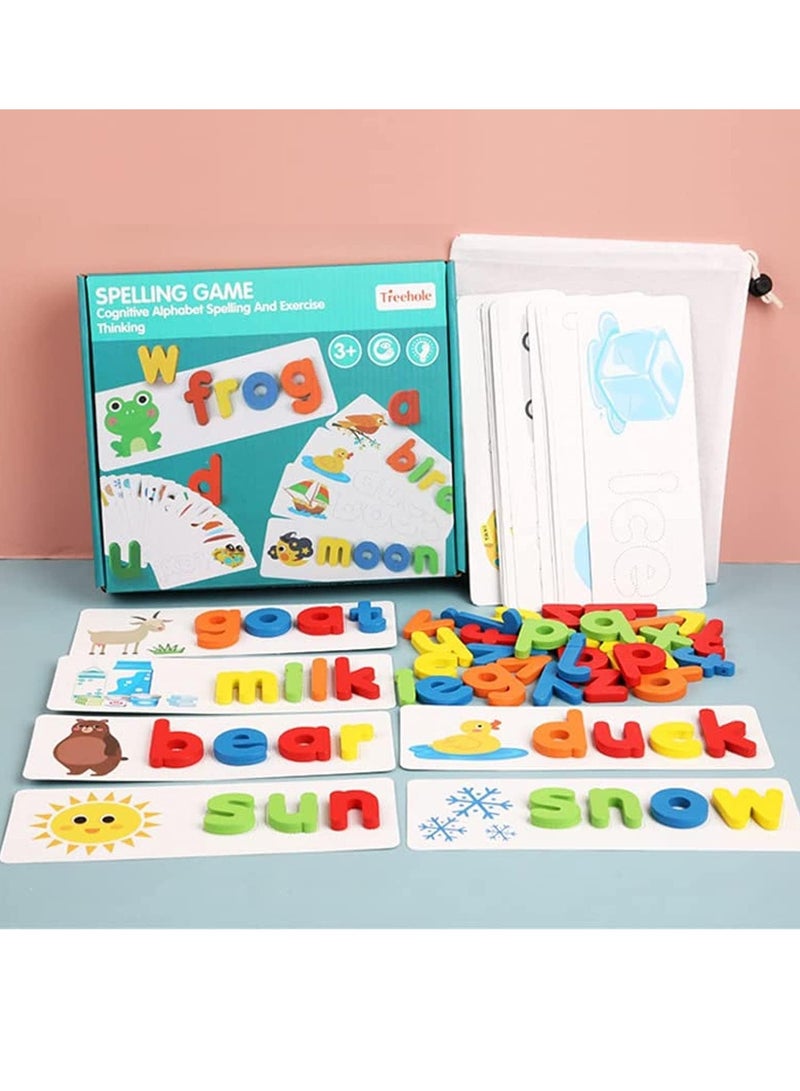 KASTWAVE Alphabets Flash Cards, Wooden See and Spell Match Letter Puzzles CVC Word Builders Word Flash Cards Color Recognition Games Montessori Preschool Educational Toys for Kids 3+ Old (28 Cards,52 Block) - Image 1