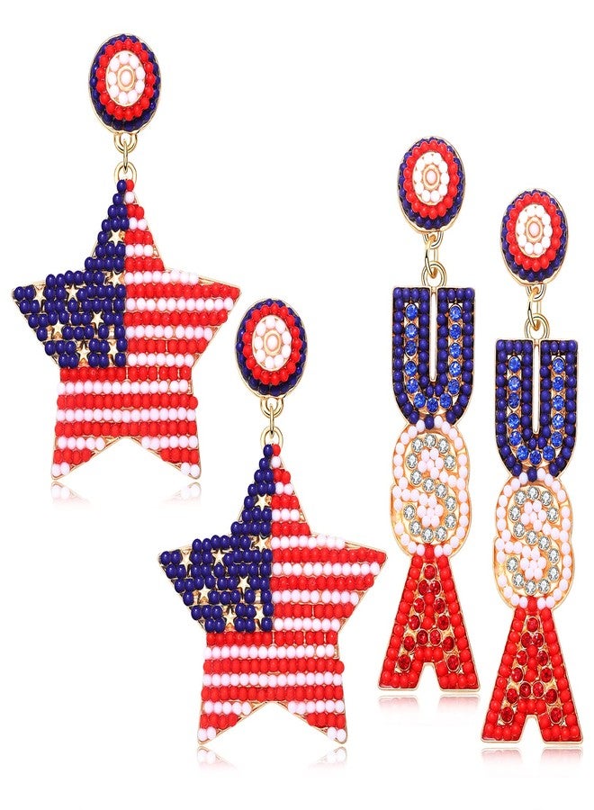 NLCAC USA Earrings Beaded American Flag Earrings USA Star Ice Cream Drop Dangle Earrings 4th of July Gifts for Women Star - Image 1