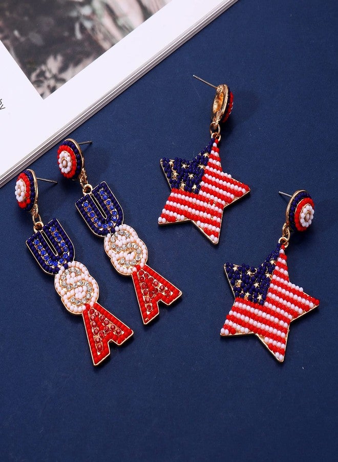NLCAC USA Earrings Beaded American Flag Earrings USA Star Ice Cream Drop Dangle Earrings 4th of July Gifts for Women Star - Image 4