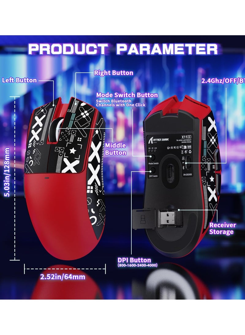 Attack Shark X11SE Ultra-Light Wireless Gaming Mouse, Tri-Mode-2.4G/USB-C Wired/BT, PixArt PAW3311 Gaming Sensor, 22KDPI, 5 Programmable Buttons for Laptop, PC, Mac Gamer (Red&Sticker) - Image 2