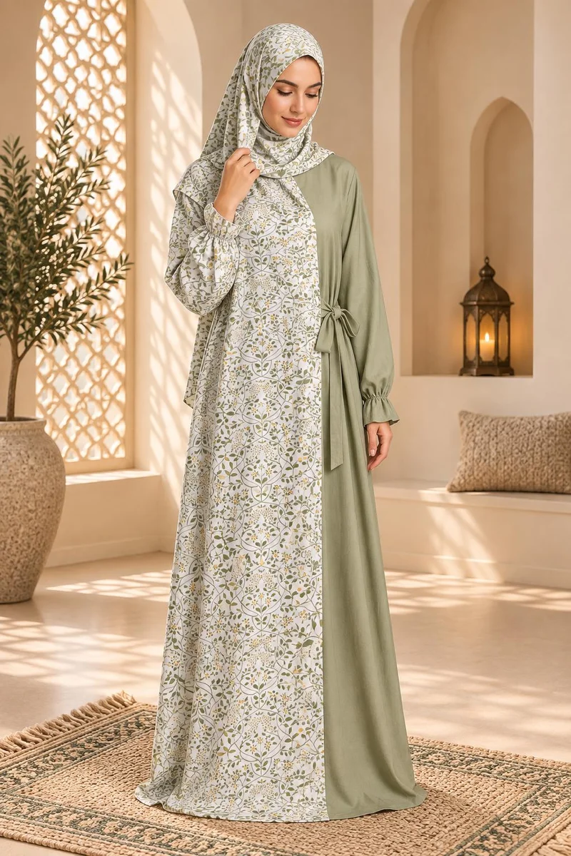 أرتيميا Green flower printed Tie up wrap style Women's Prayer dress with Hijab