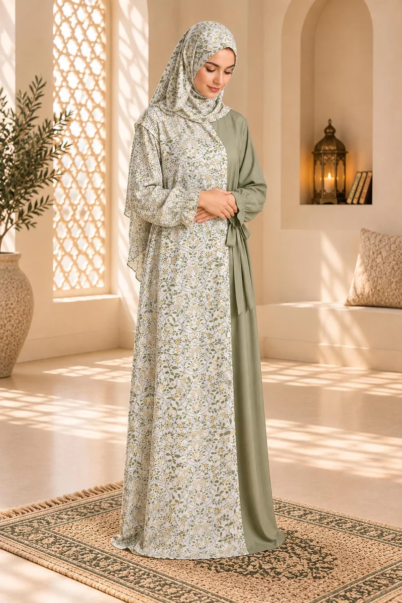 أرتيميا Green flower printed Tie up wrap style Women's Prayer dress with Hijab