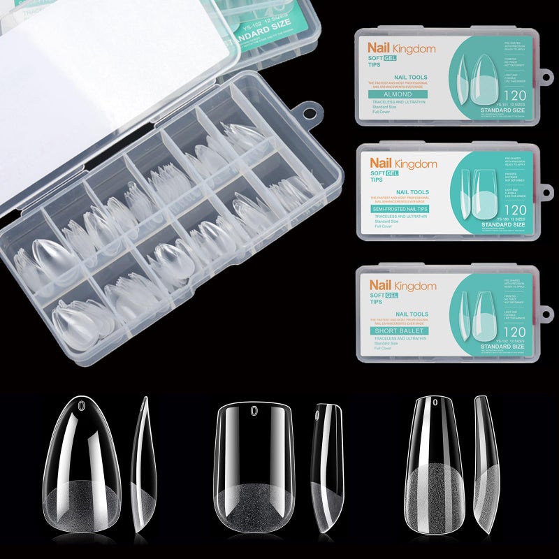 Bluezoo Soft Gel False Nail Tips 3 Styles Kit - Medium Almond, Square and Ballerina, 360PCS Pre-shaped Half Matte Full Cover Acrylic Nail Tips, Nail Extension DIY Manicure Salon Home, 12 Sizes,BlueZOO - Image 1
