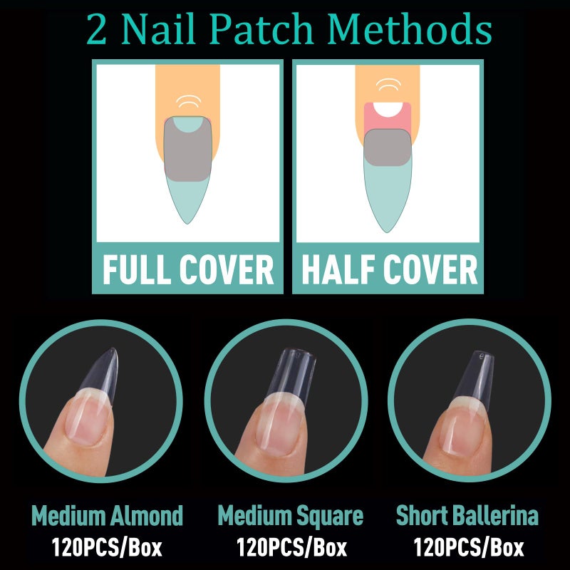 Bluezoo Soft Gel False Nail Tips 3 Styles Kit - Medium Almond, Square and Ballerina, 360PCS Pre-shaped Half Matte Full Cover Acrylic Nail Tips, Nail Extension DIY Manicure Salon Home, 12 Sizes,BlueZOO - Image 5