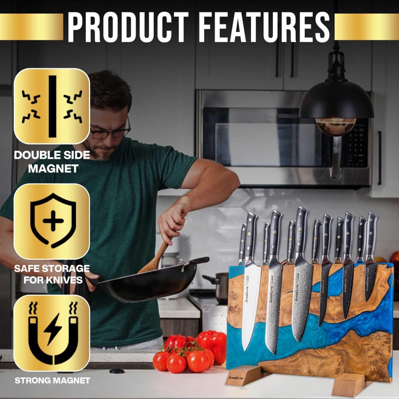 SliceElite Magnetic Knife Block Double Sided Knife Holder East Indian Walnut & Blue Resin Strong Magnet Storage for Kitchen Countertop Holds 20 Knives Non Slip Base - Image 3