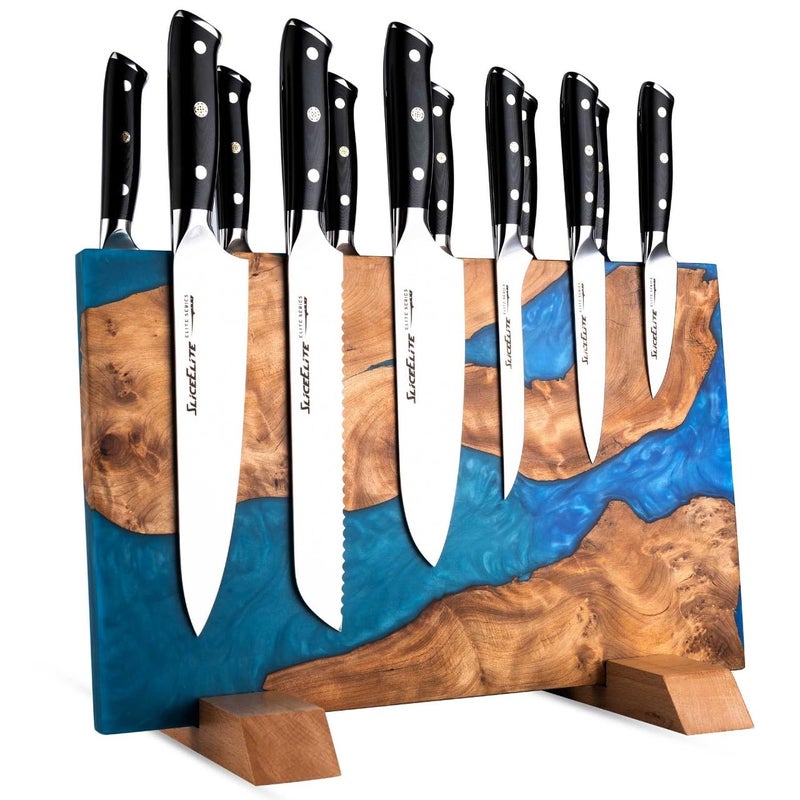 SliceElite Magnetic Knife Block Double Sided Knife Holder East Indian Walnut & Blue Resin Strong Magnet Storage for Kitchen Countertop Holds 20 Knives Non Slip Base - Image 1