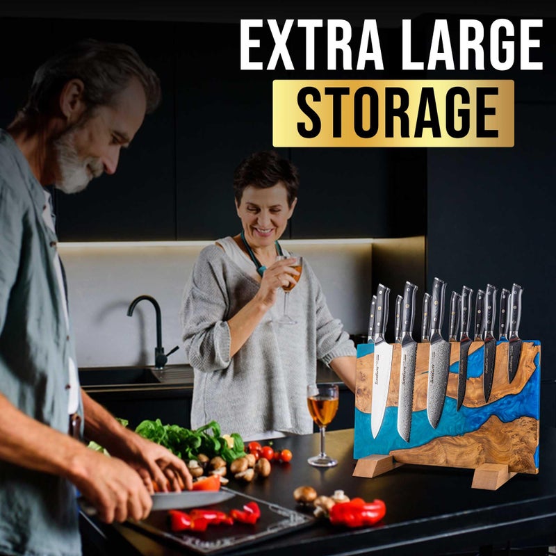 SliceElite Magnetic Knife Block Double Sided Knife Holder East Indian Walnut & Blue Resin Strong Magnet Storage for Kitchen Countertop Holds 20 Knives Non Slip Base - Image 5