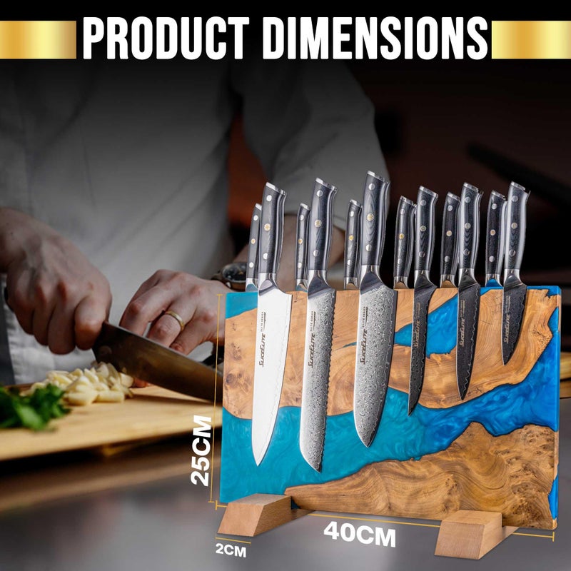 SliceElite Magnetic Knife Block Double Sided Knife Holder East Indian Walnut & Blue Resin Strong Magnet Storage for Kitchen Countertop Holds 20 Knives Non Slip Base - Image 2