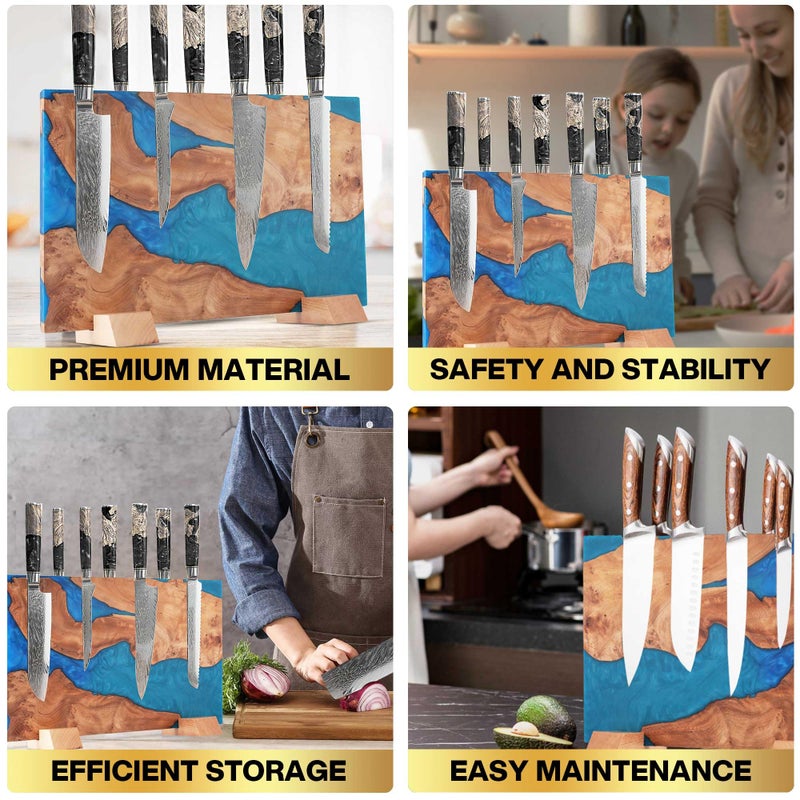 SliceElite Magnetic Knife Block Double Sided Knife Holder East Indian Walnut & Blue Resin Strong Magnet Storage for Kitchen Countertop Holds 20 Knives Non Slip Base - Image 4