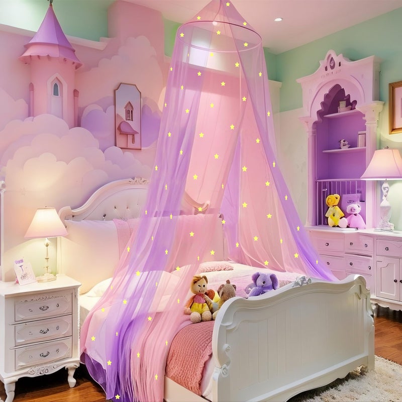 Eimilaly TwoTone Bed Canopy Stars Glow in The Dark Pink Purple Mosquito Net Bed Canopy for Girls Room Decor Single Door
